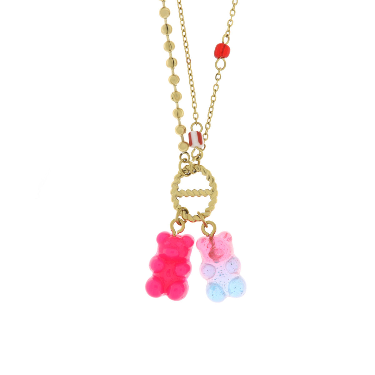 Multi-strand steel necklace with hanging teddy bears
