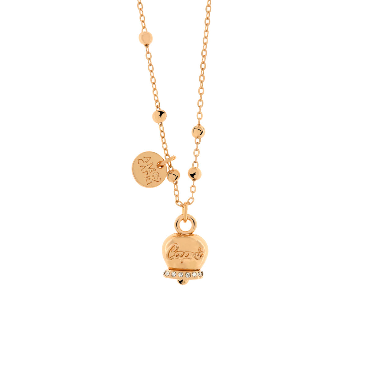 Collana in Metallo con campanella portafortuna pendente impreziosita da cristalli bianchi e scirtta Capri a rilievo