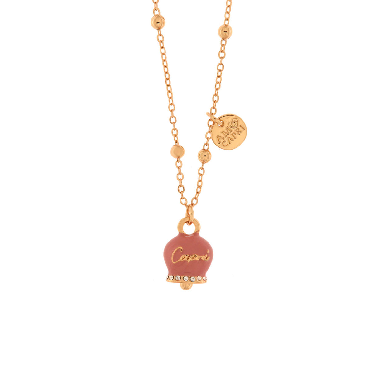 Collana in Metallo con campanella portafortuna pendente impreziosita da smalto rosa e cristalli