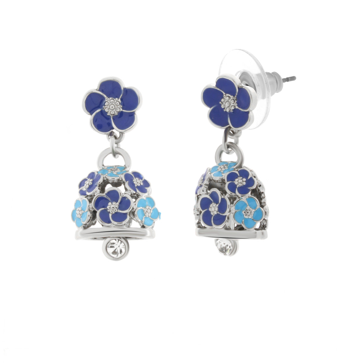 Metal earrings with bell and blue, light blue and white flowers
