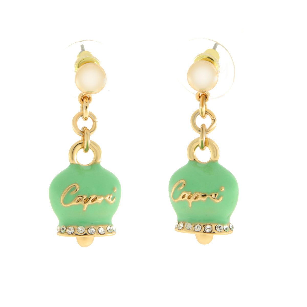 Metal earrings with green bell written Capri