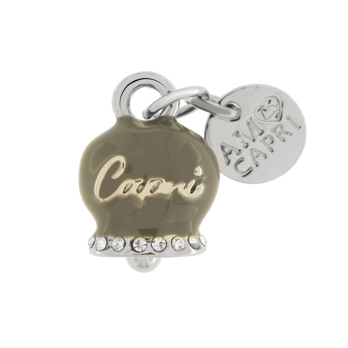 Metal pendant with gray bell written Capri