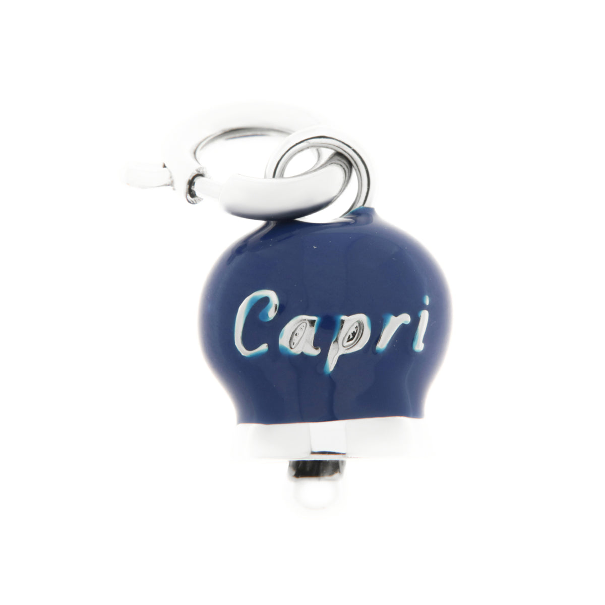 Metal pendant with blue bell written Capri