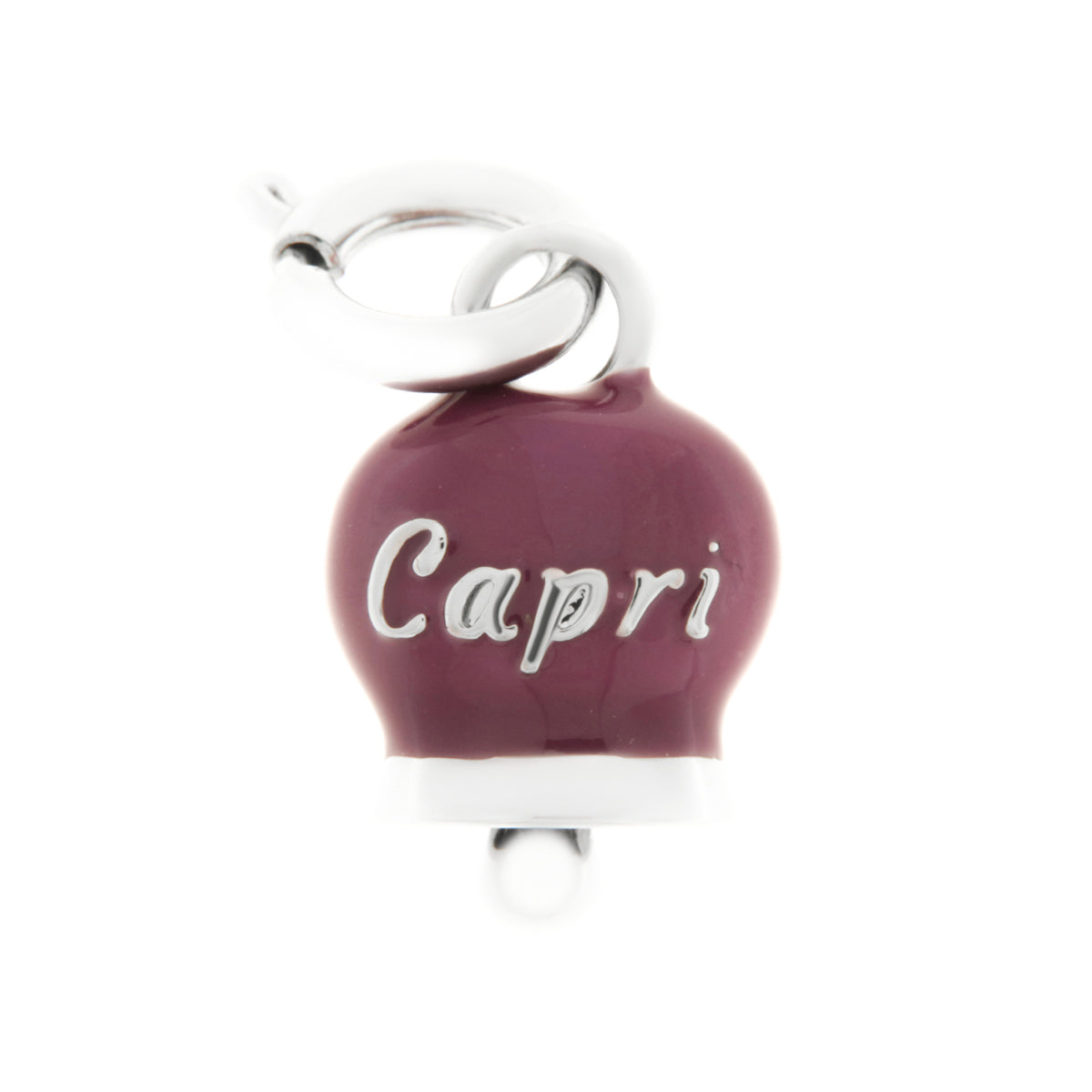 Metal pendant with purple bell written Capri