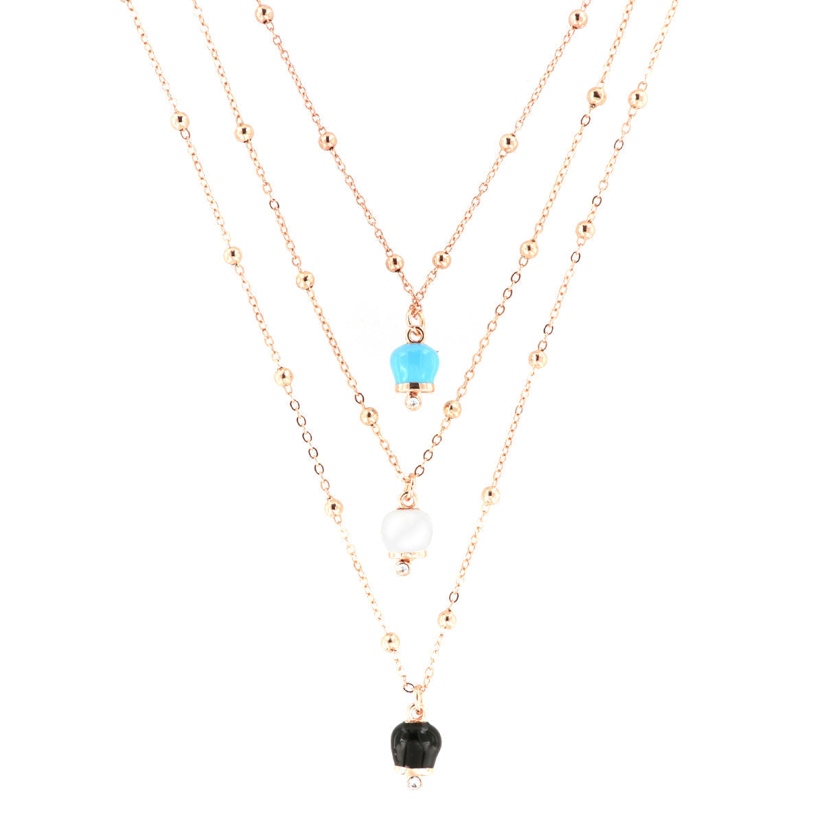 Collana in Metallo a tre fili con campanella nera, bianca e turchese