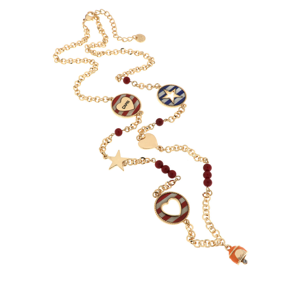 Collana in Metallo con campanella arancio, medaglioni in stile marino, e corallini