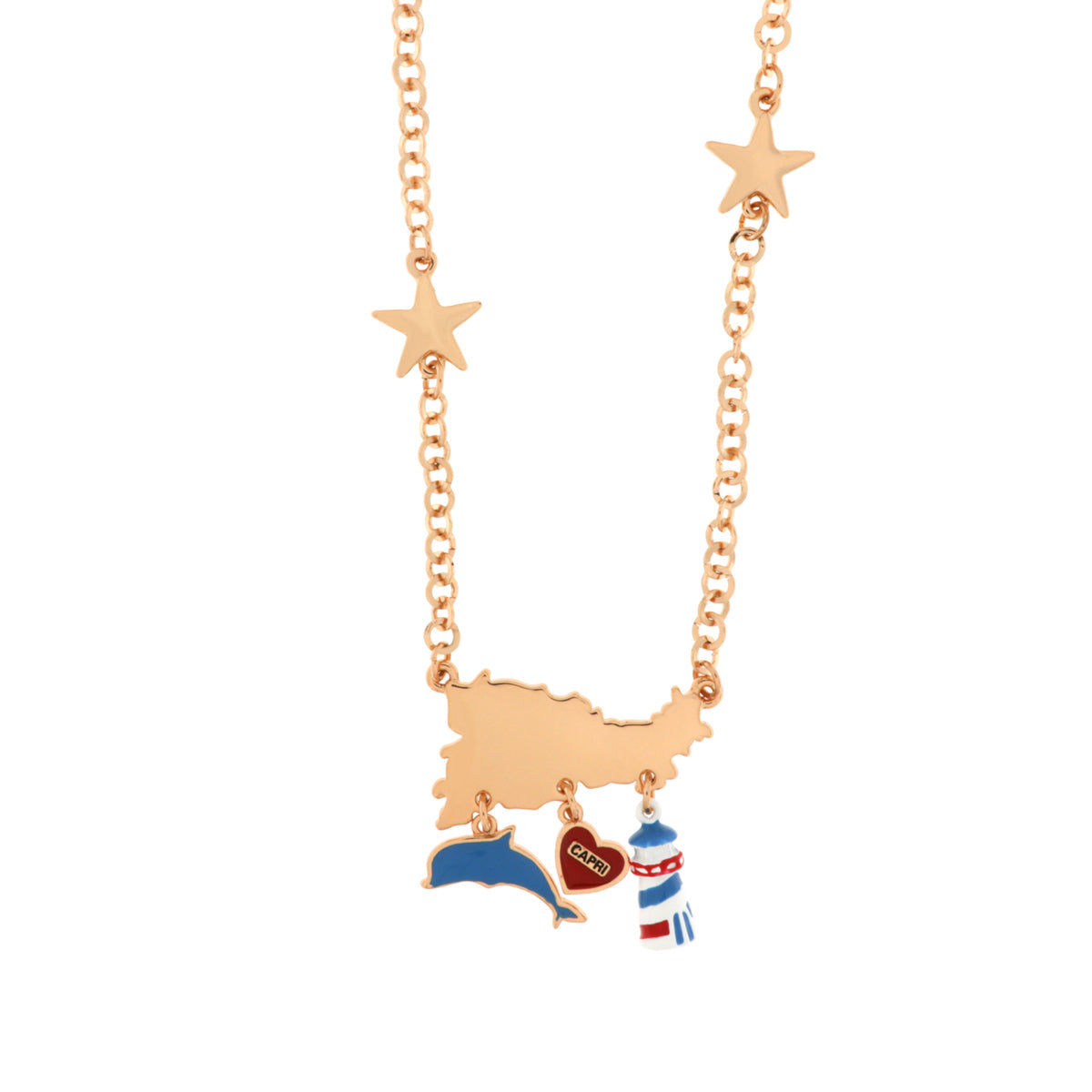 Collana in Metallo con Campania, delfino, cuore con Capri e faro