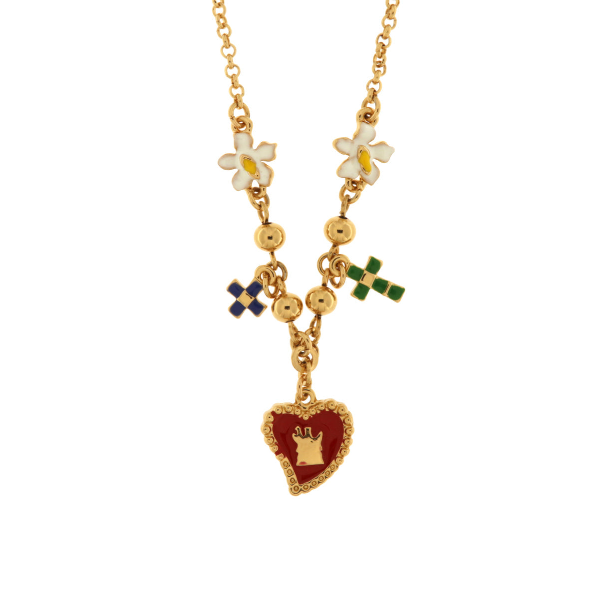 Collana in Metallo con fiori, croci e cuore sacro pendenti