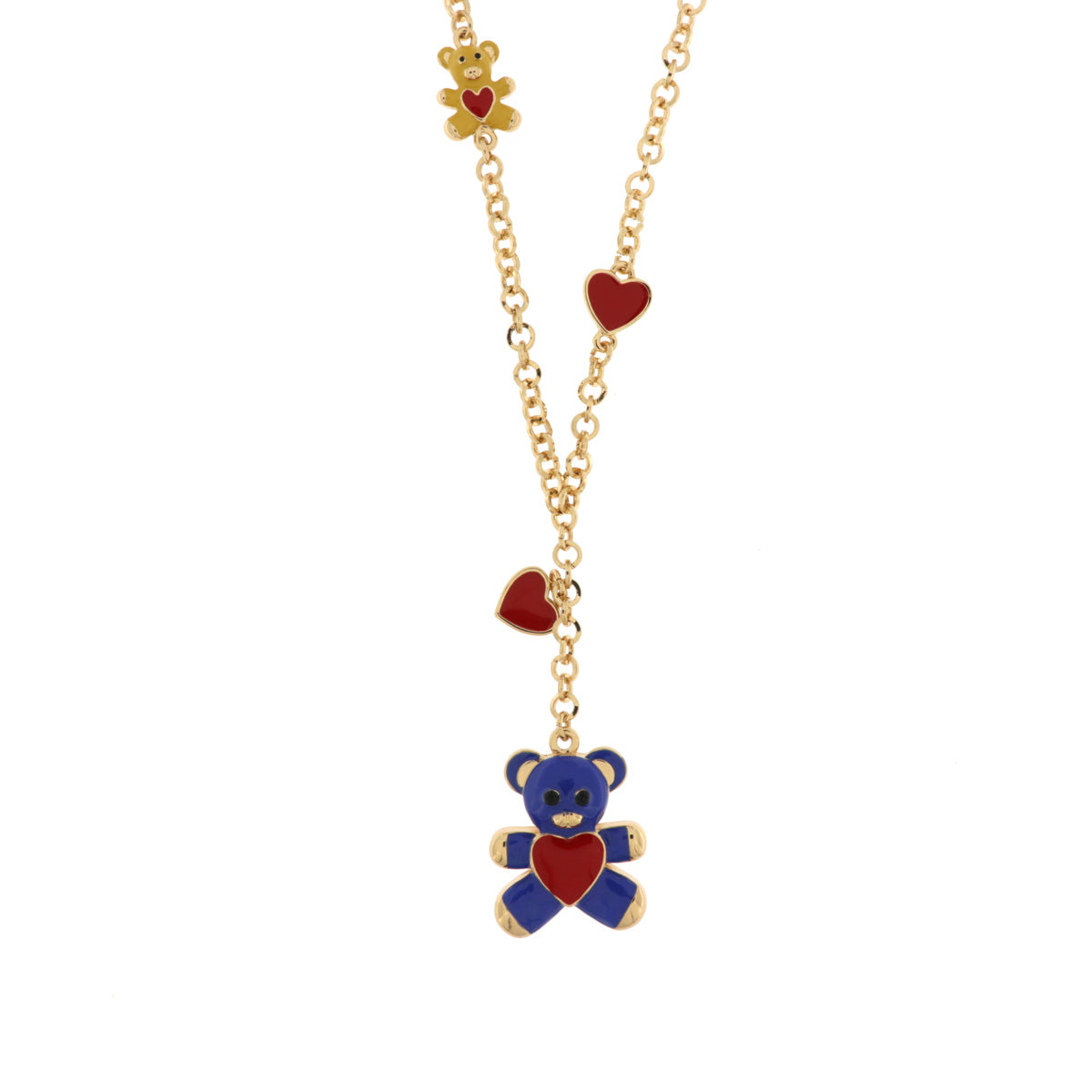 Metal necklace with blue teddy bear and red hearts