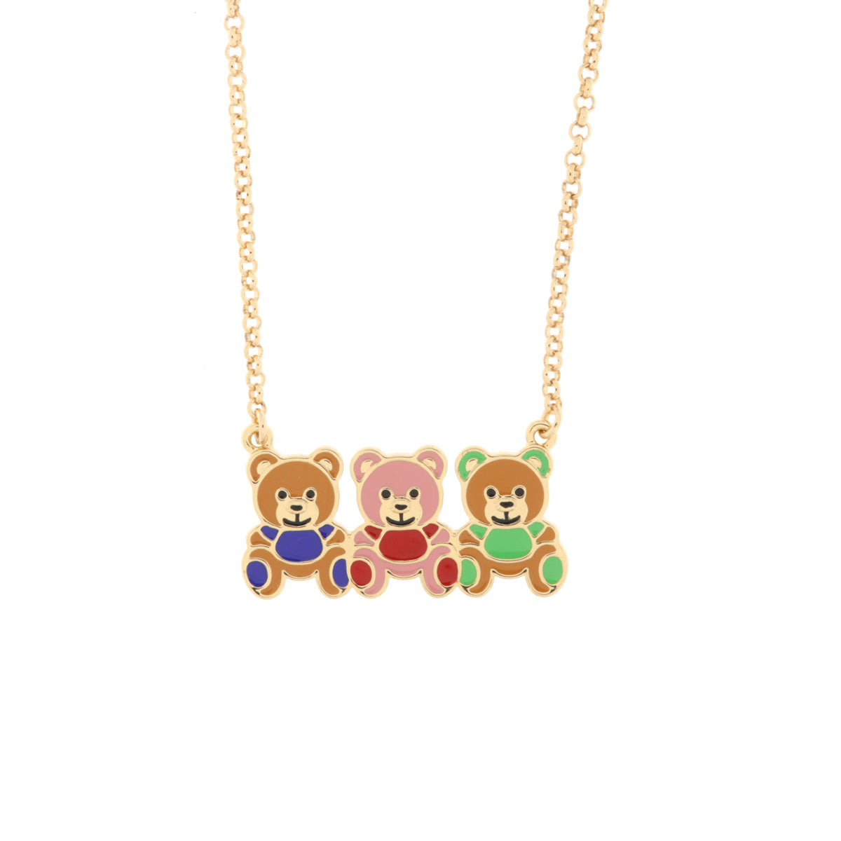 Metal necklace with three colored teddy bears
