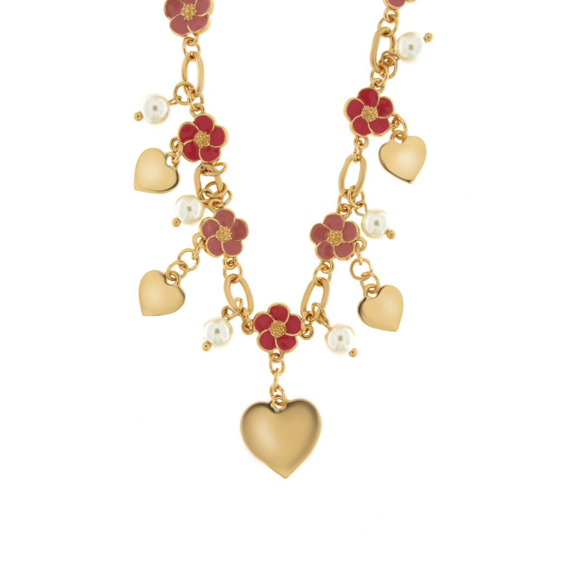 Metal necklace with pink flowers and hanging hearts