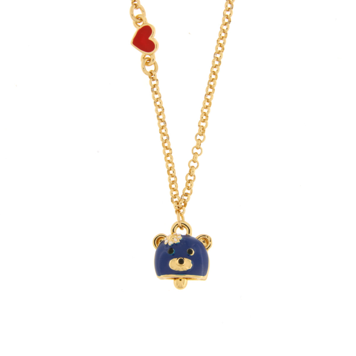 Metal necklace with bell in the shape of a blue bear and a red heart