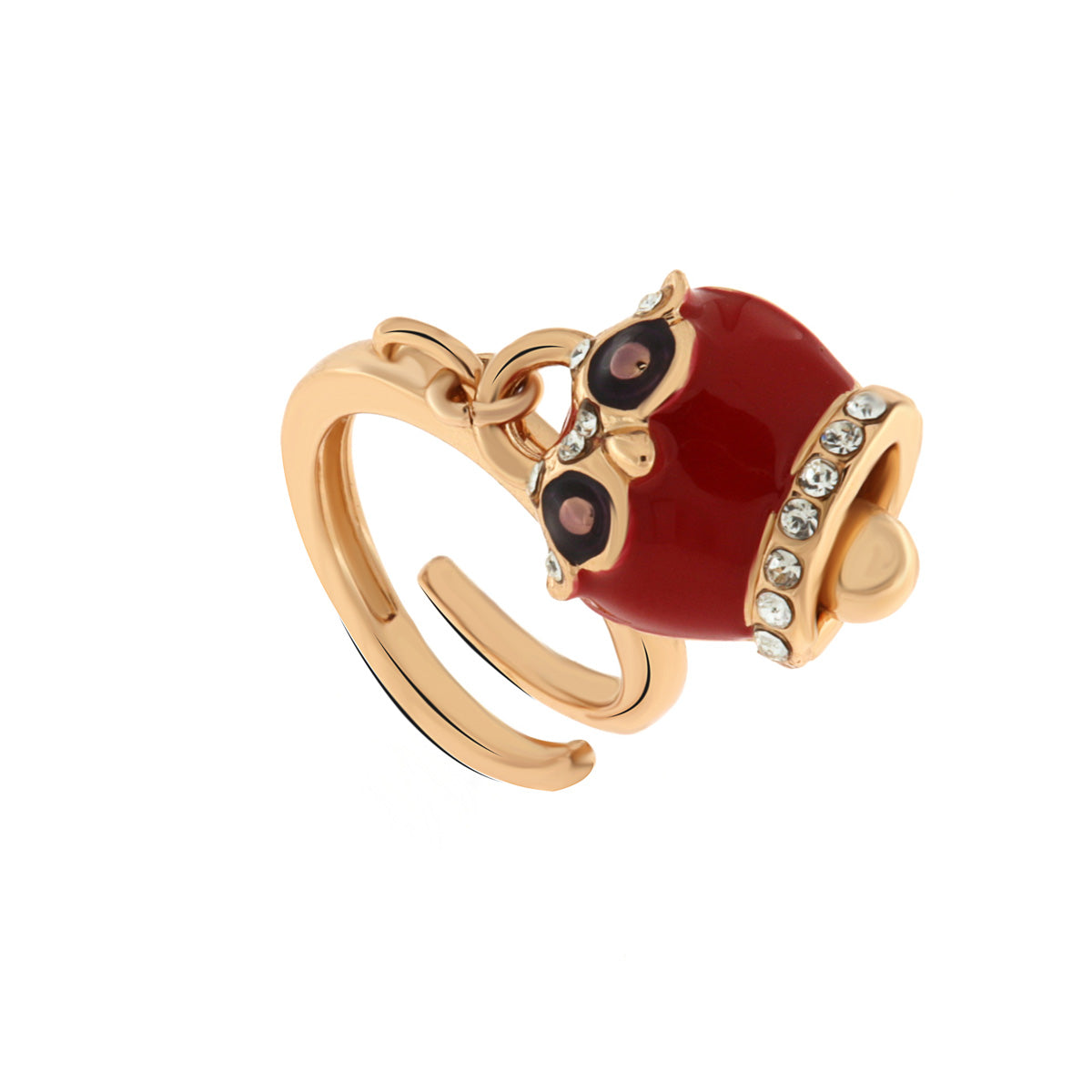 Anello in Metallo con campanella portafortuna a gufo impreziosita da smalto rosso e nero e cristalli bianchi