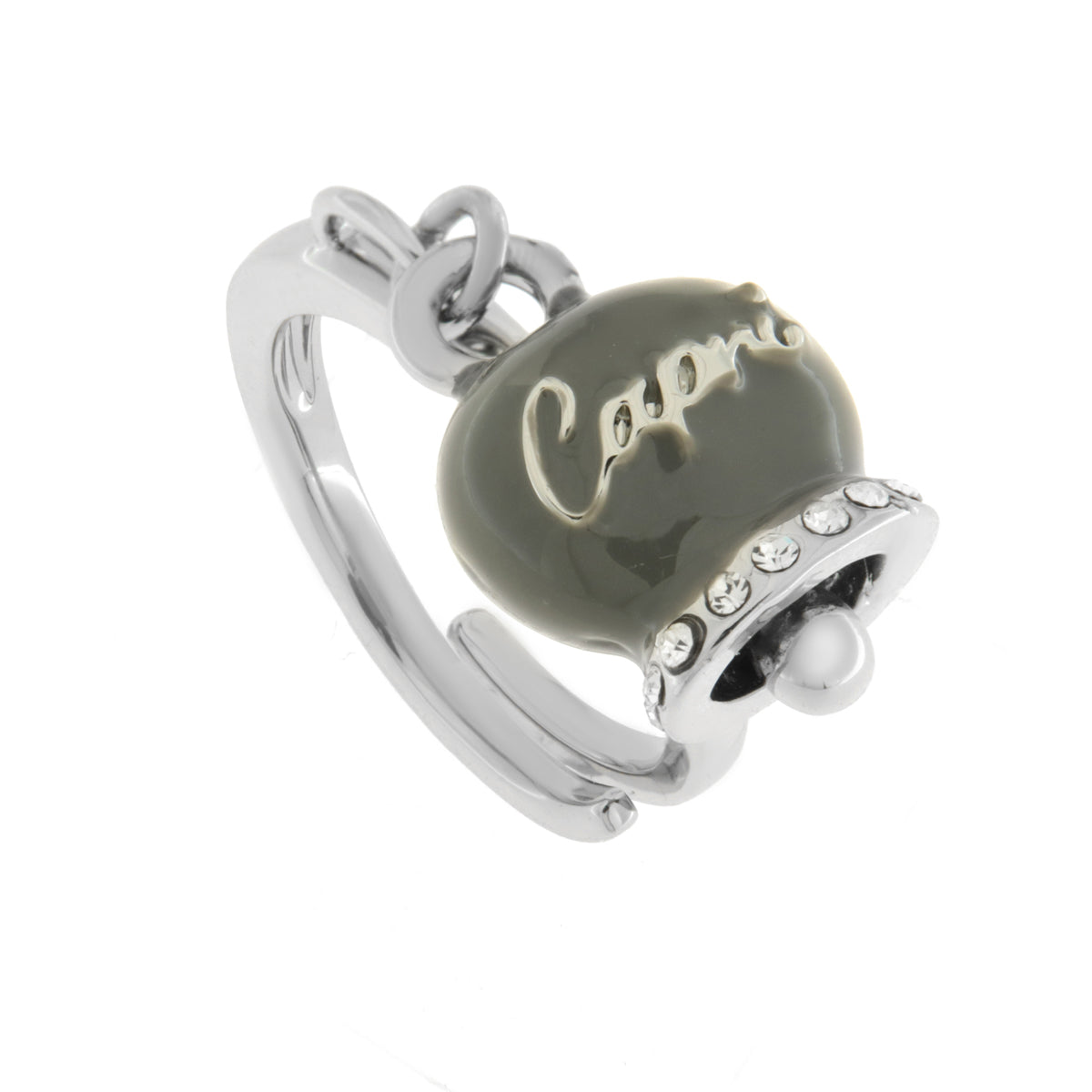 Metal ring with gray bell written Capri