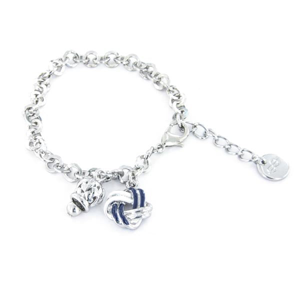 Bracciale in Metallo maglia rolò, con nodo impreziosito da smalto bicolore e campana portafortuna pendente