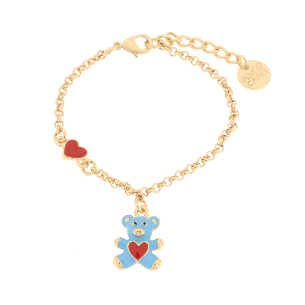 Metal bracelet with blue teddy bear and red heart