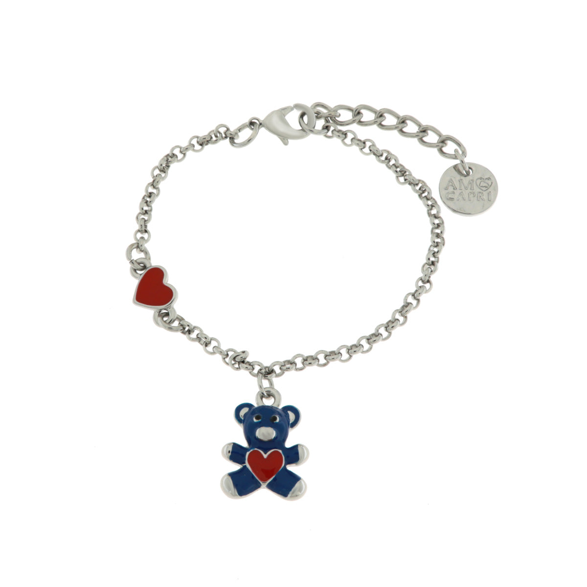 Metal bracelet with blue teddy bear and red heart