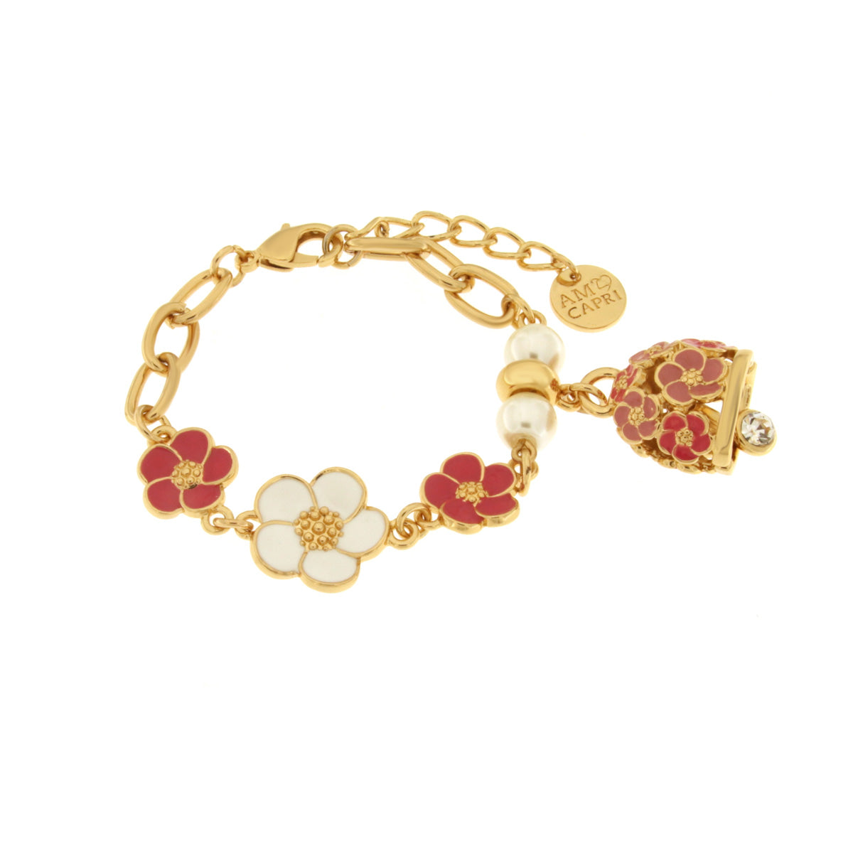 Metal bracelet with bell and pink and white flowers