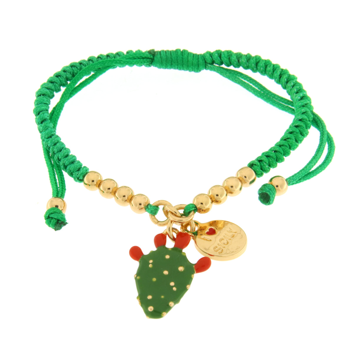 Metal bracelet with cactus and green cord