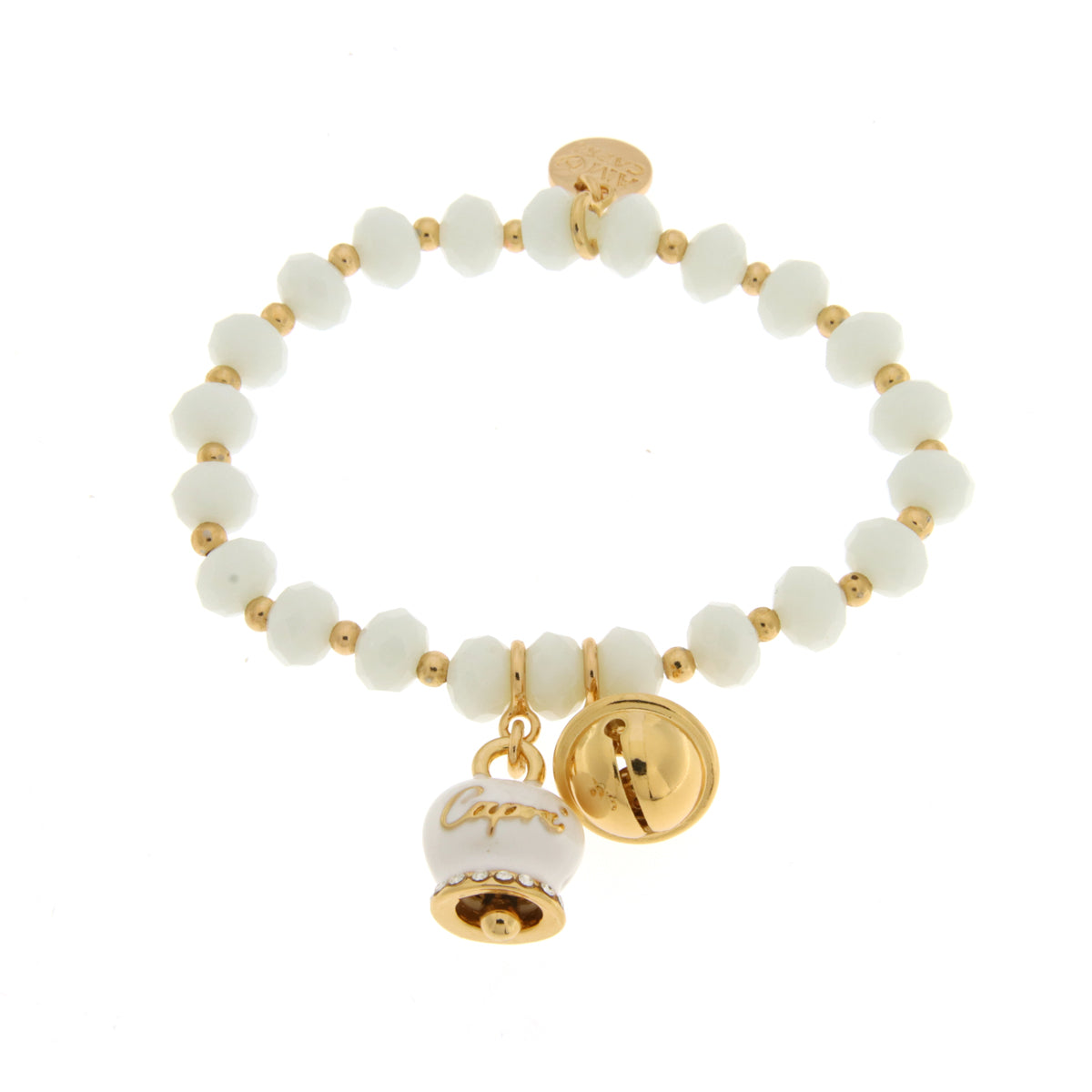 Metal bracelet with white bell and small rattle with white stones
