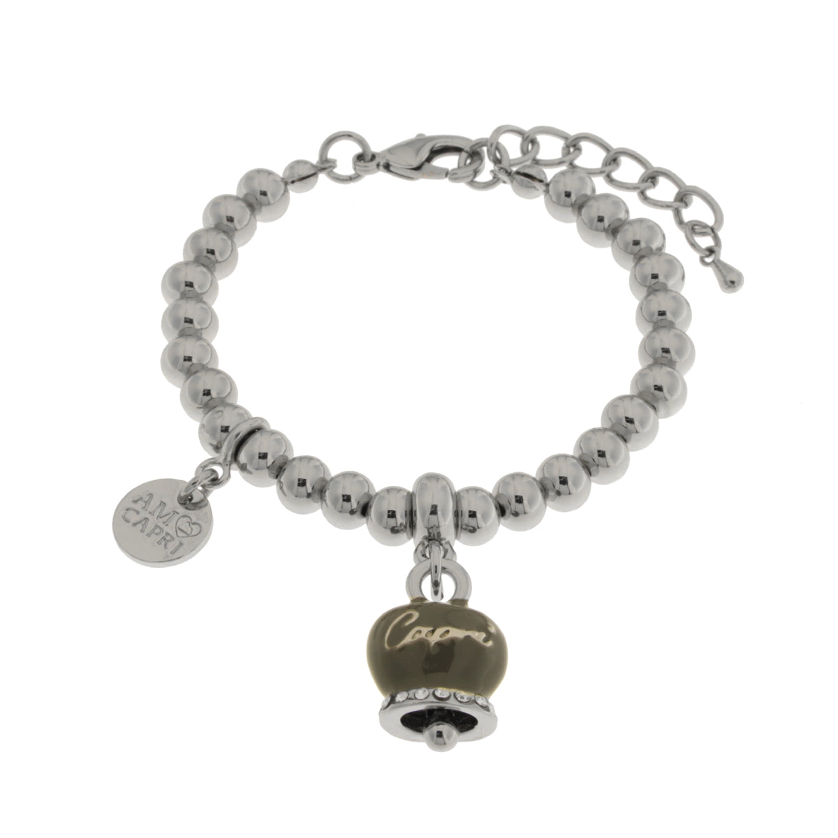 Metal bracelet with gray bell written Capri