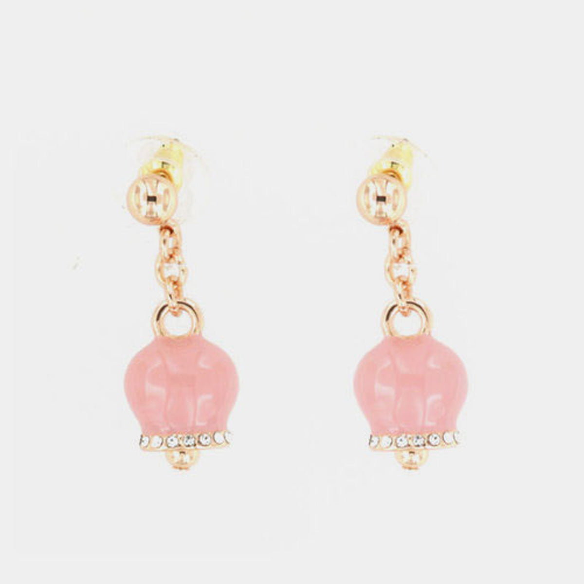 Orecchini in Metallo con campanella portafortuna pendente, impreziosita da smalto rosa e cristalli