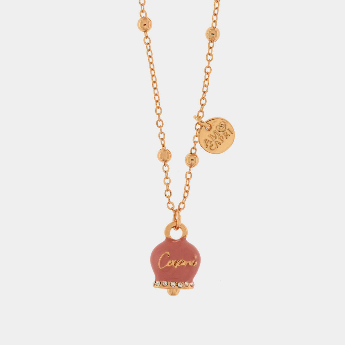 Collana in Metallo con campanella portafortuna pendente impreziosita da smalto rosa e cristalli