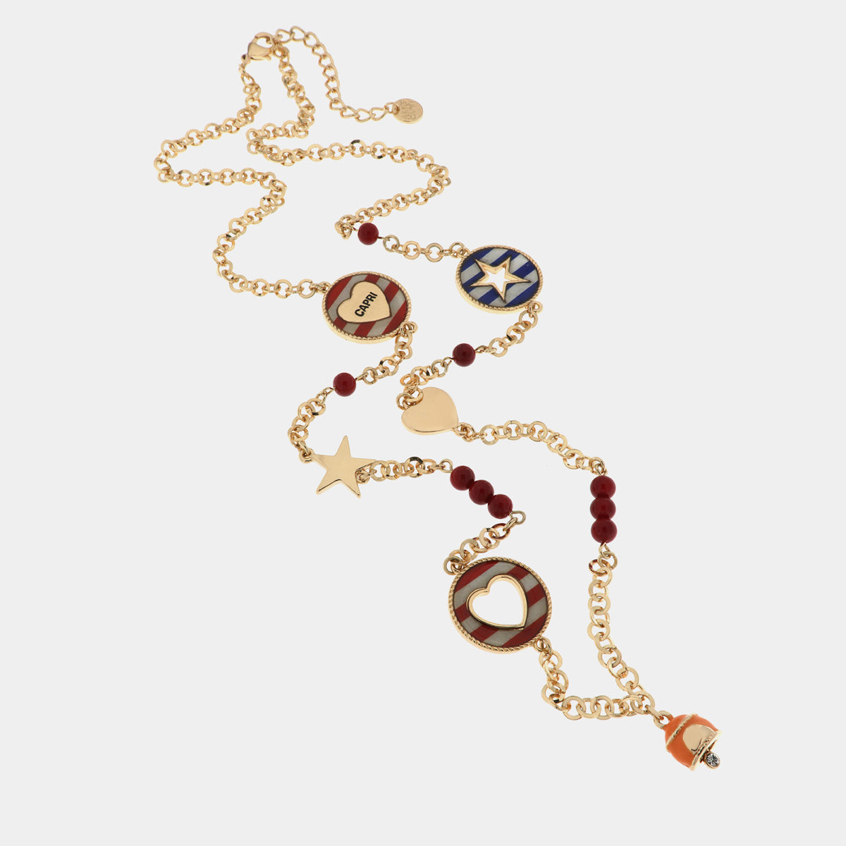 Collana in Metallo con campanella arancio, medaglioni in stile marino, e corallini