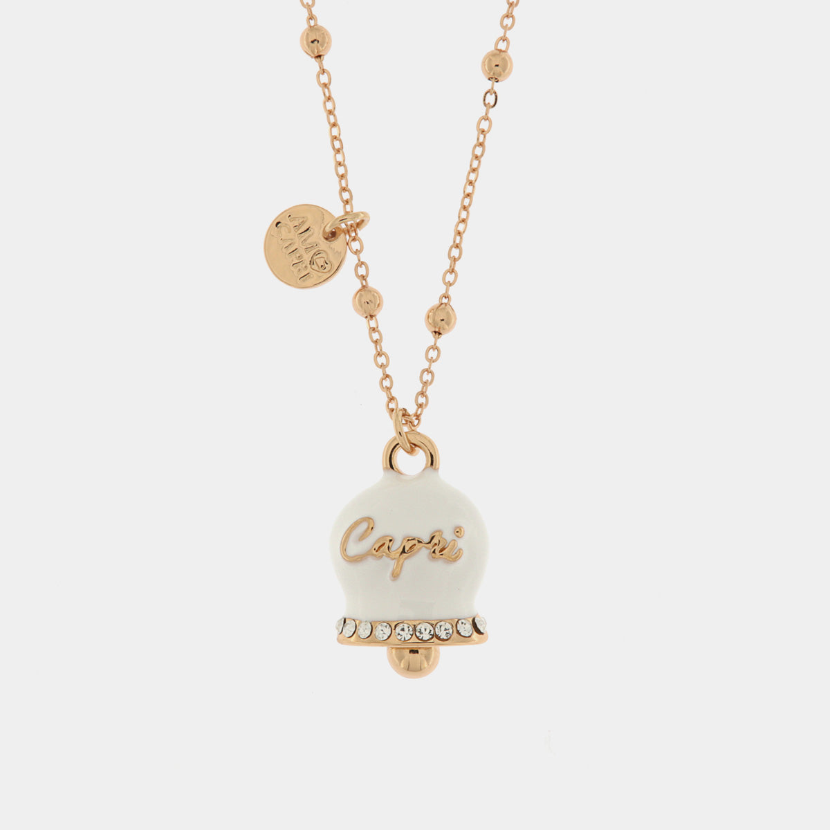Collana in Metallo con campanella grande bianca e scritta Capri impreziosito da cristalli bianchi