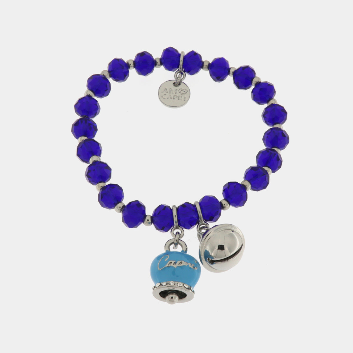 Bracciale in Metallo campanella azzurra e piccolo sonaglio con pietre blu