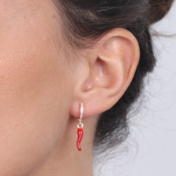 925 silver earrings in circle with horn in pendant red enamel
