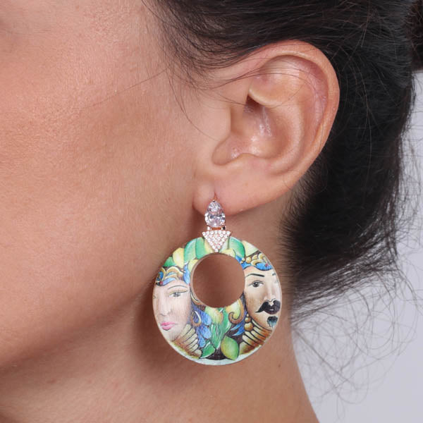 925 silver earrings with colorful printing Sicilian wooden and white light point