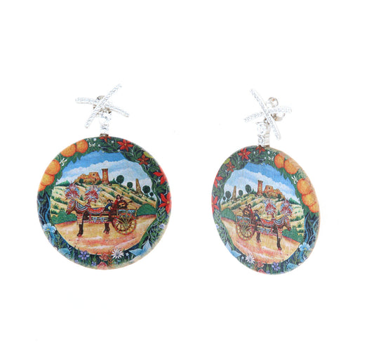 925 wooden silver earrings, with colored print, Sicilian cart, embellished with white zirconi