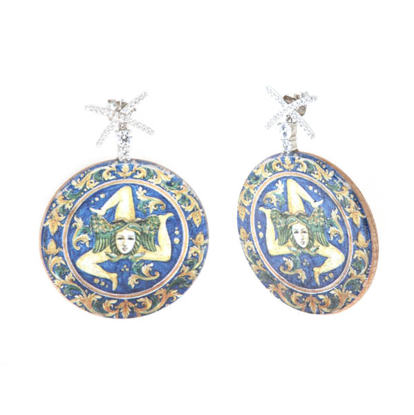 925 wooden silver earrings, with colored print, Sicilian Trinacria, embellished with white zirconi