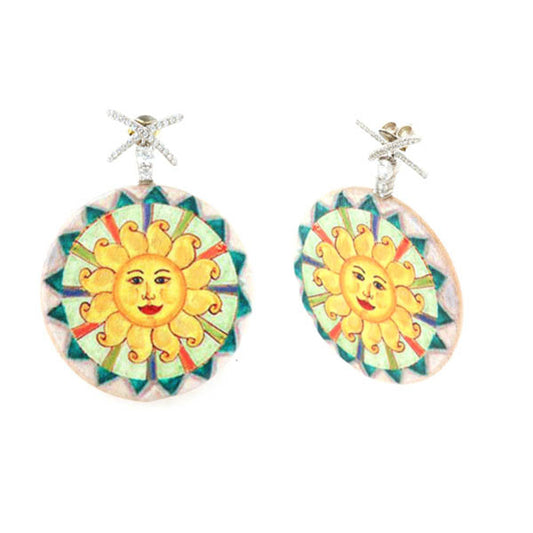 925 wooden silver earrings, with colorful sun printing, embellished with white zirconi
