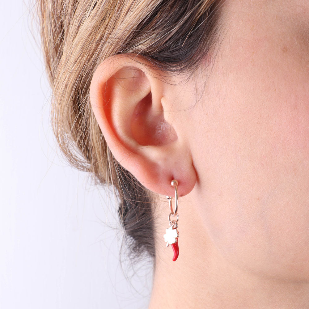 925 silver earrings circle with a pendant red enamel croissant and small smooth four -leaf clover