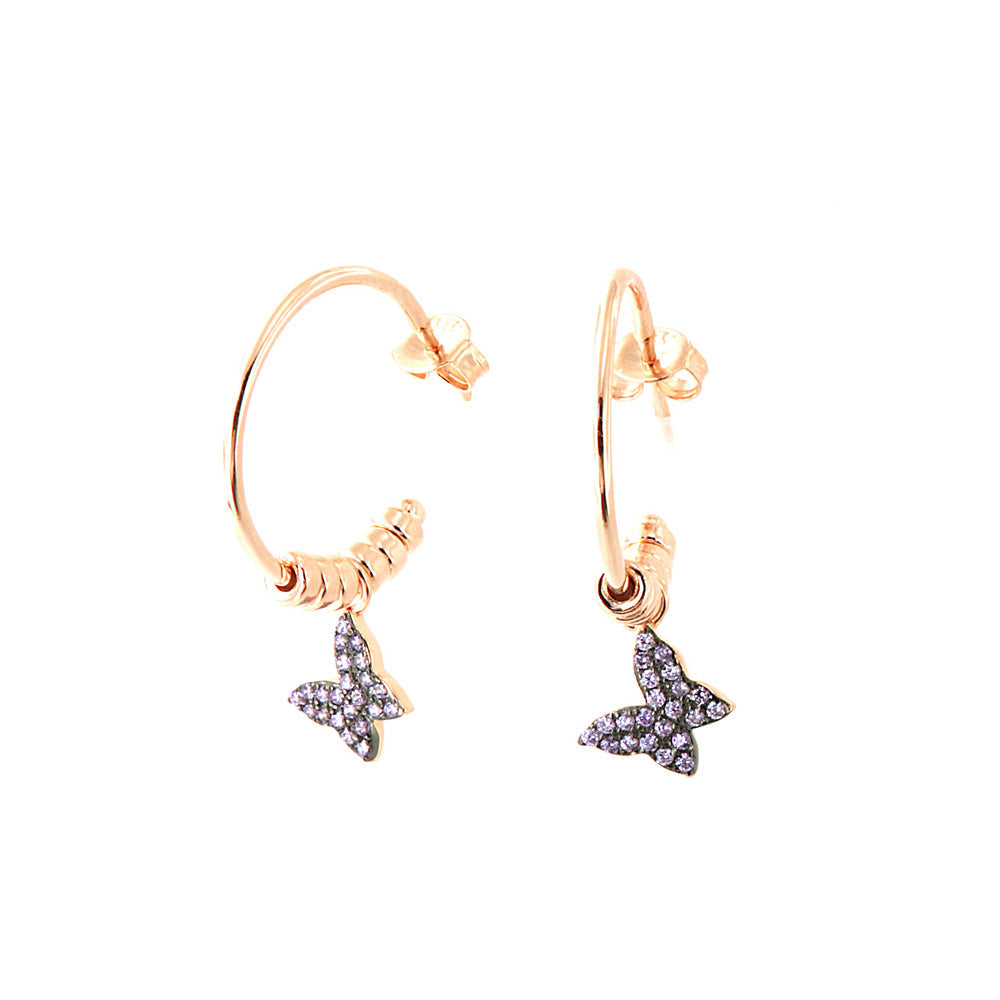 925 silver earrings circle with pendant butterfly, embellished with lavender zirconi