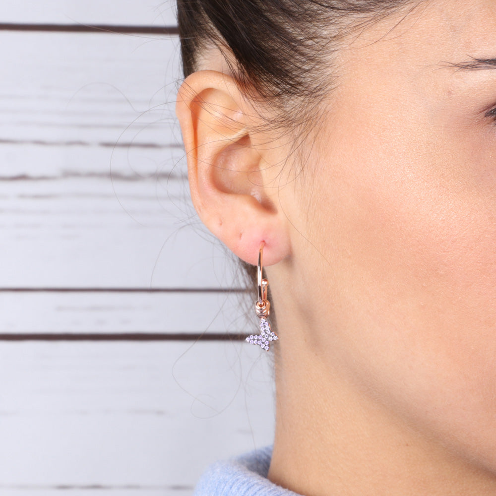 925 silver earrings circle with pendant butterfly, embellished with lavender zirconi