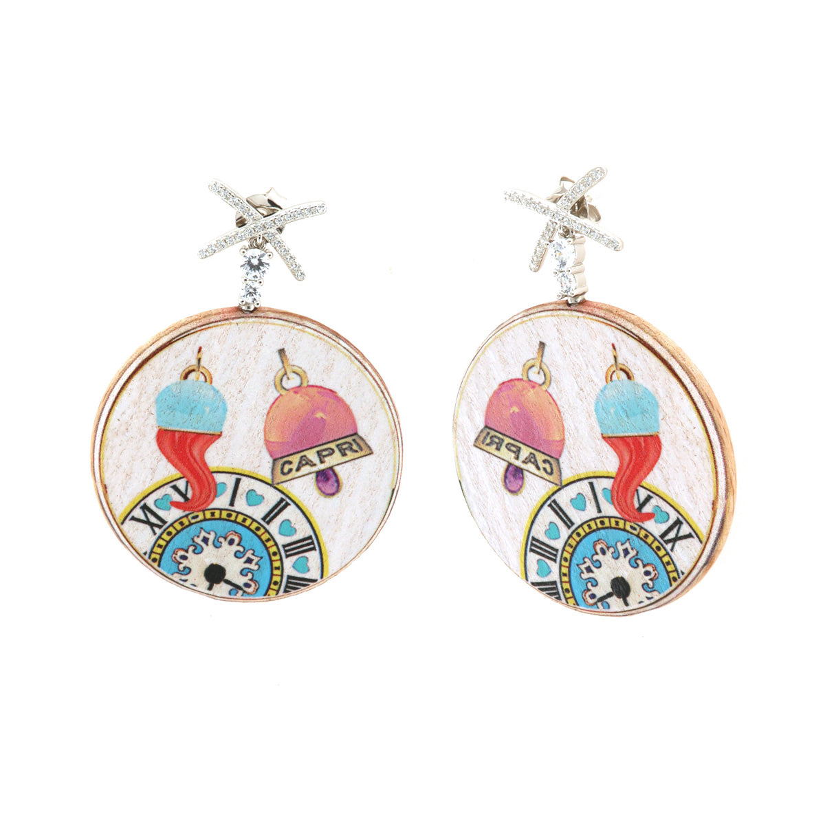 925 silver earrings in pendant wood with bell, horn and clock