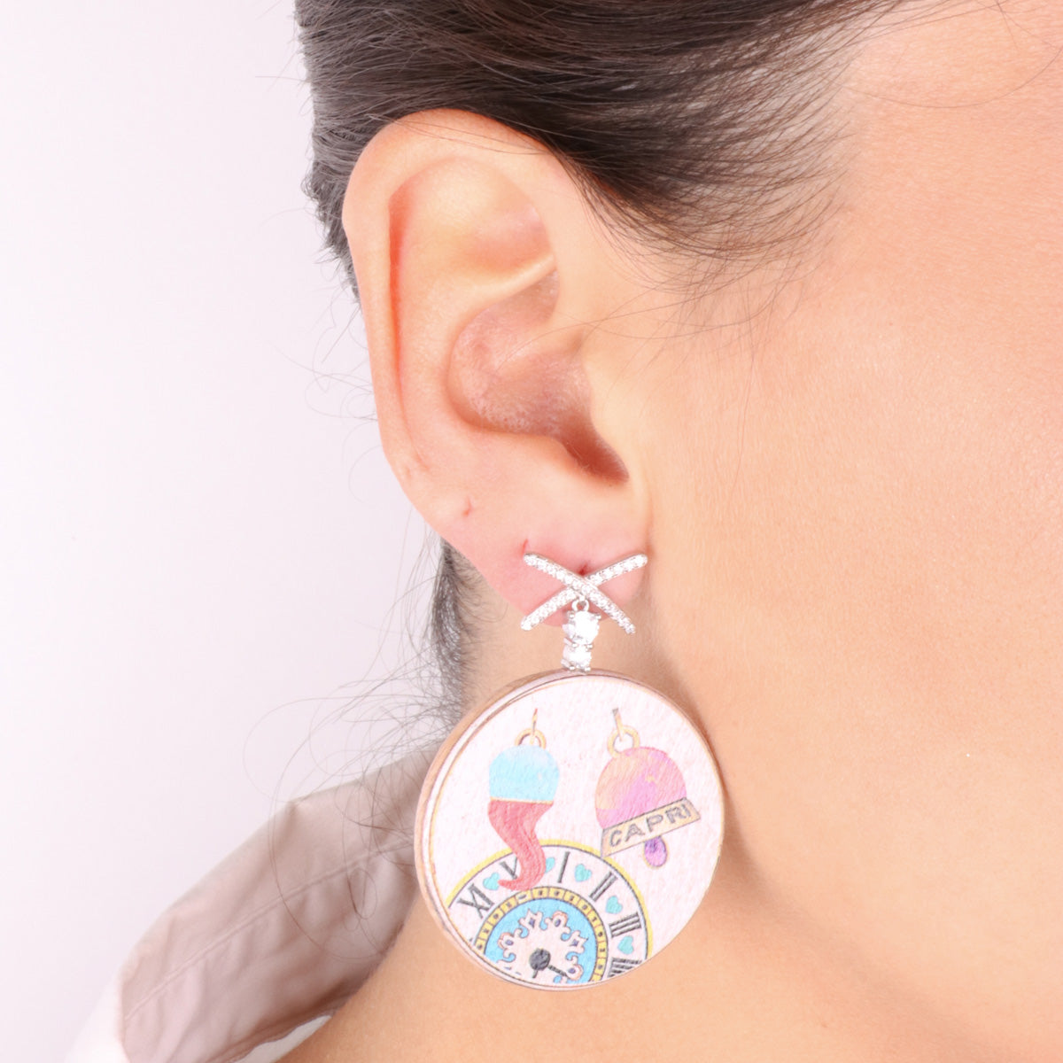 925 silver earrings in pendant wood with bell, horn and clock