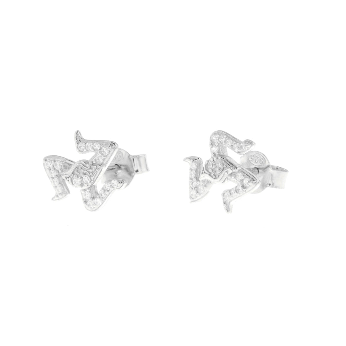 925 silver earrings in the shape of Trinacria embellished with white zirconi pavè