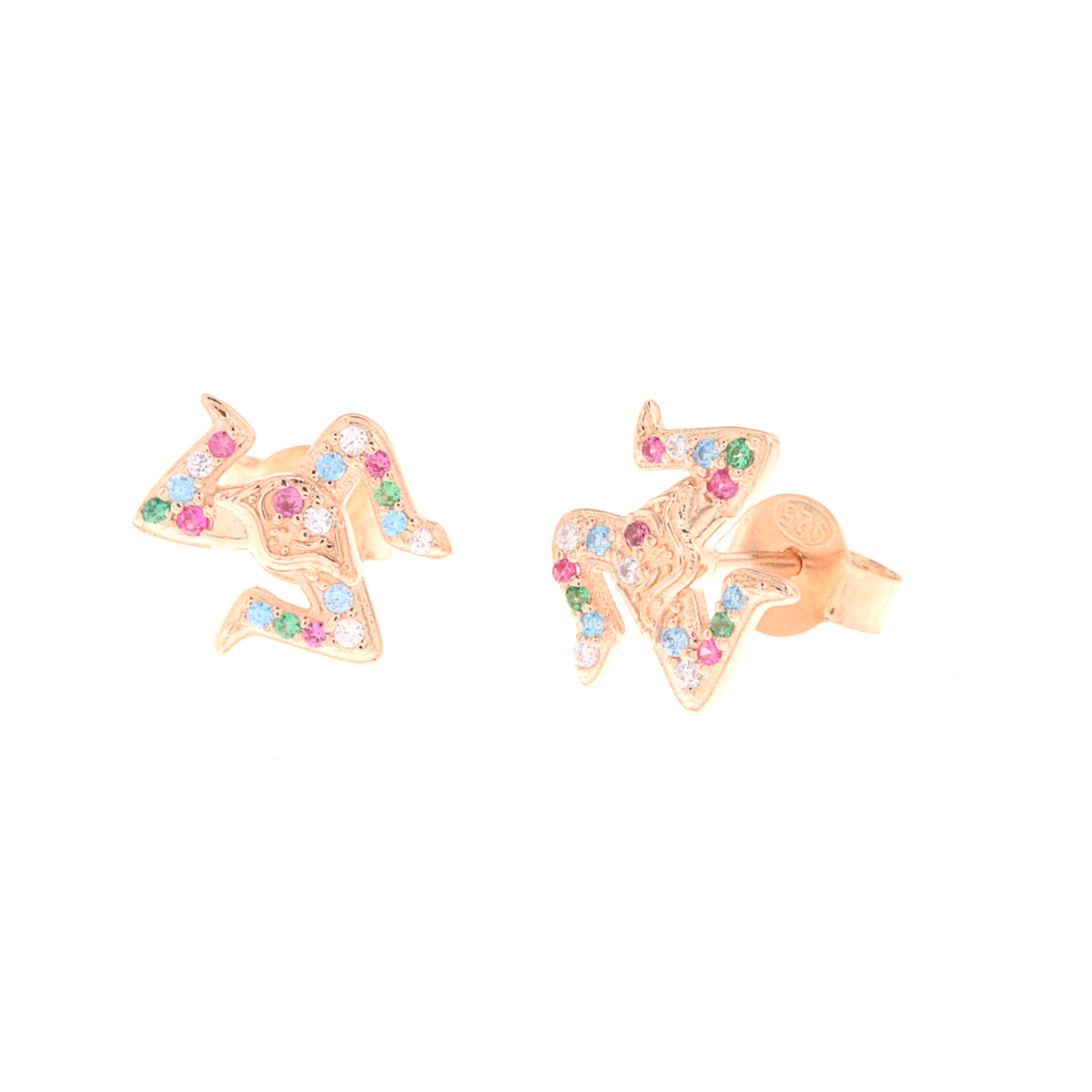 925 silver earrings in the shape of Trinacria embellished with multicolor zirconi