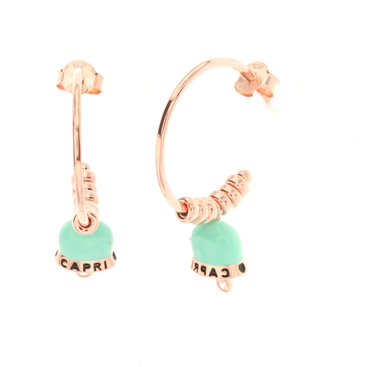 925 silver earrings circle with green bell and Written Capri in black enamel and light point