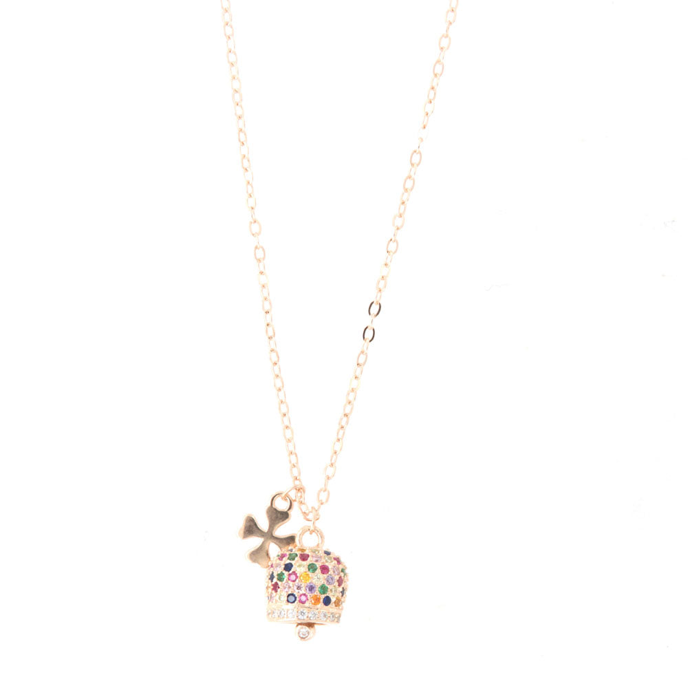 925 silver necklace charming bell with quadrifoglio and cubic zirconi
