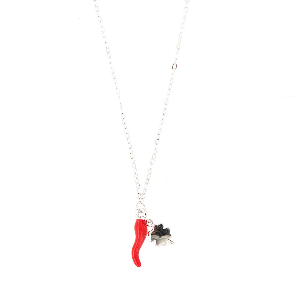925 silver necklace with horn embellished with red enamel and four -leaf clover