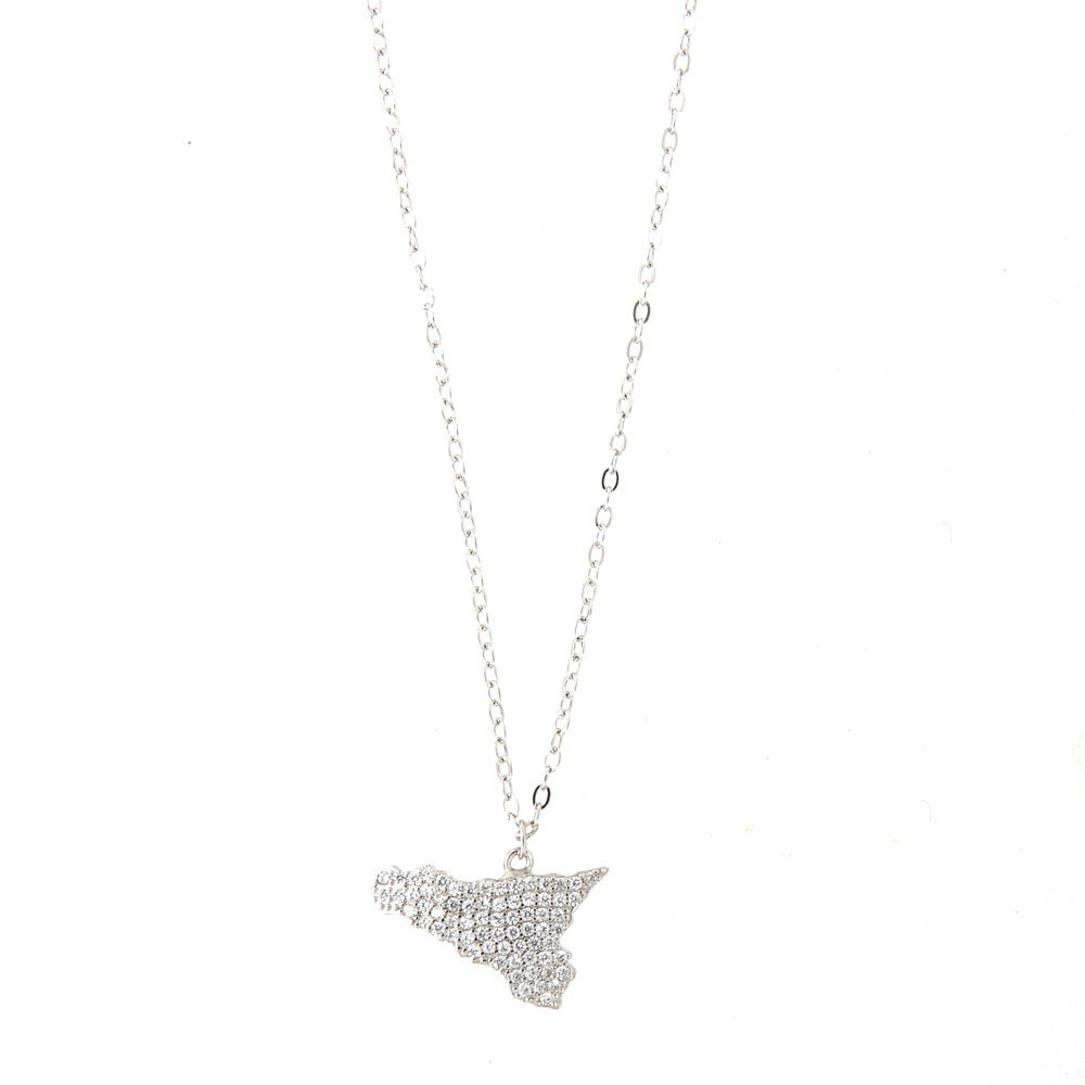 925 silver necklace with island of Sicily embellished with pavè of white zirconi