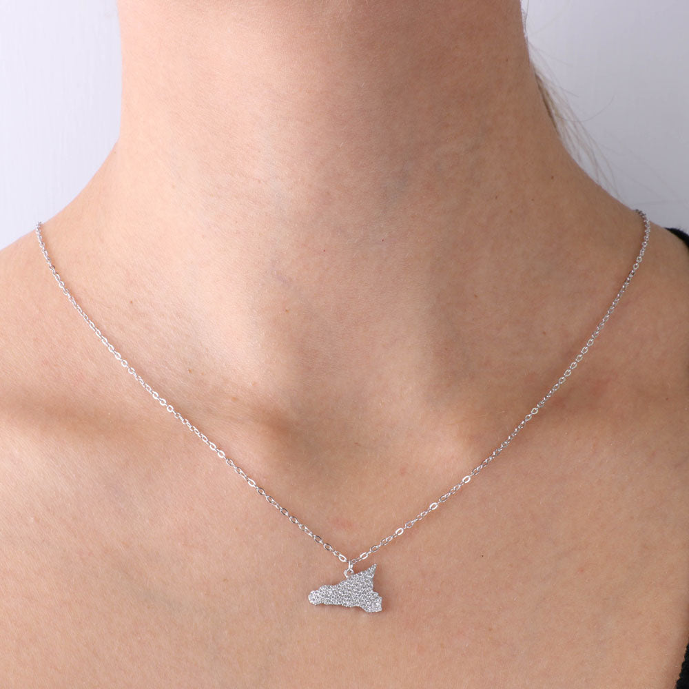 925 silver necklace with island of Sicily embellished with pavè of white zirconi