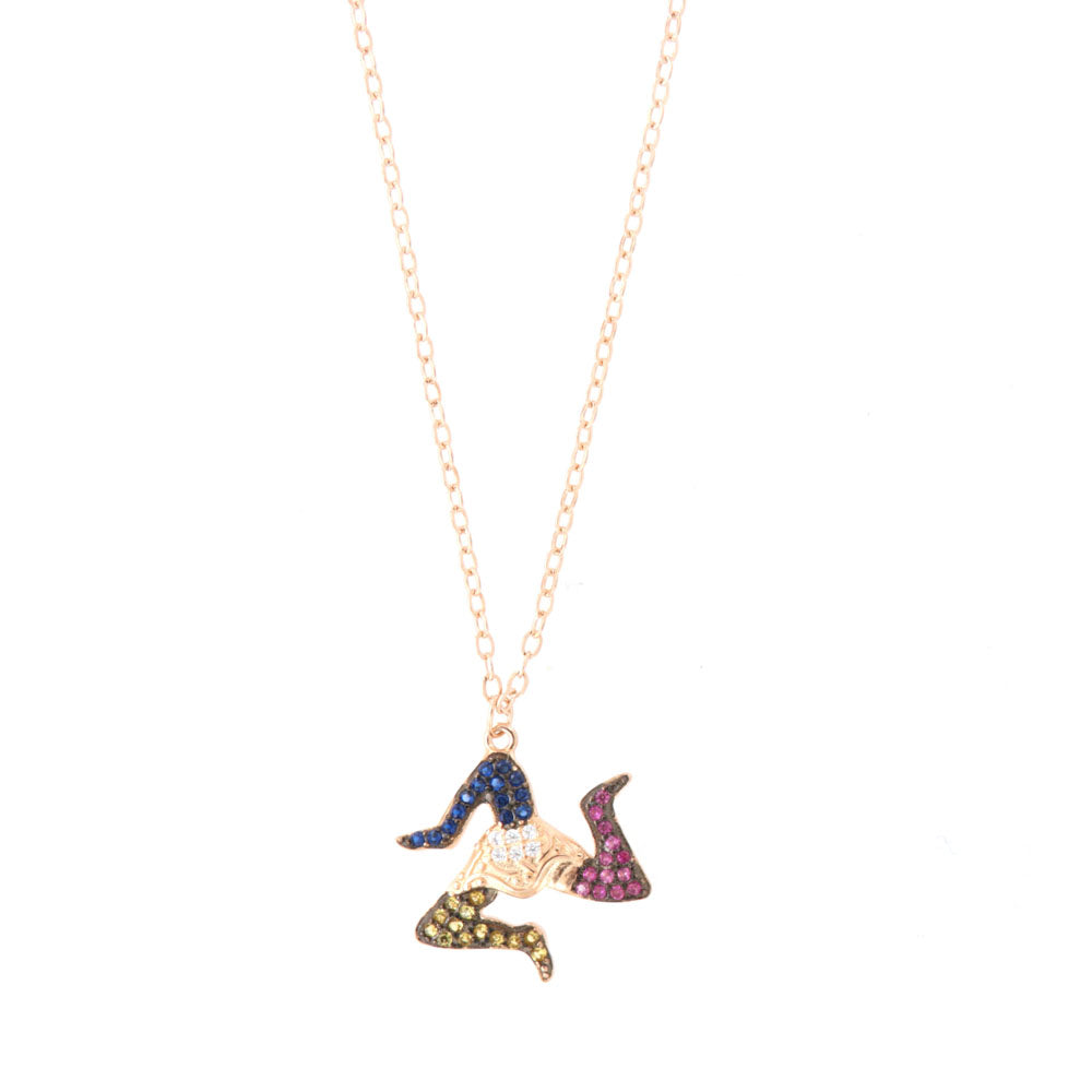 925 silver necklace with Sicilian Trinacria pendant, embellished with multicolored zirconi on a brown basis