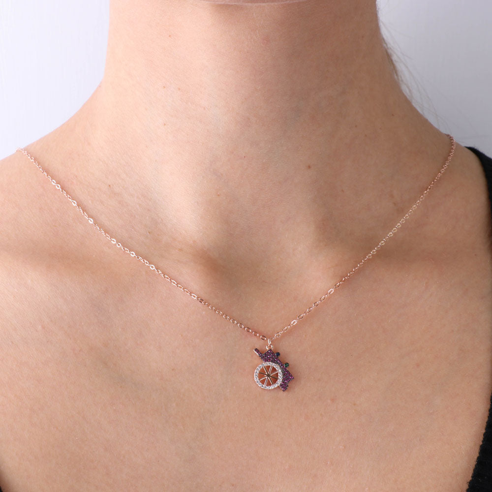925 silver necklace with Sicilian cart pendant, embellished with red and white zirconi on a brown basis