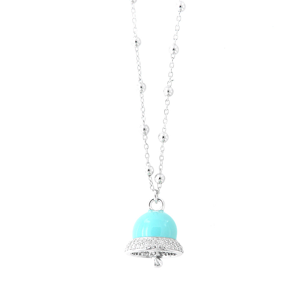 925 silver necklace with turquoise enamel bell, embellished with zirconi